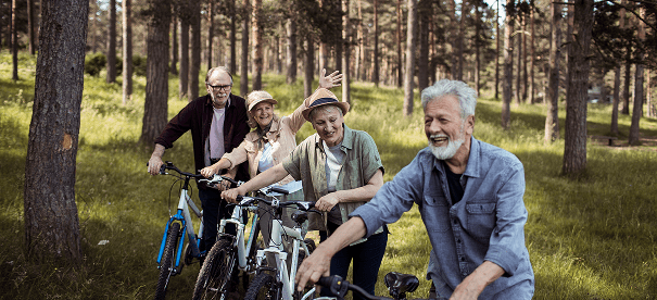 Group of seniors biking in a forest.