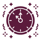 Purple clock icon with decorative elements.