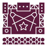 Concert stage icon with microphones and star.